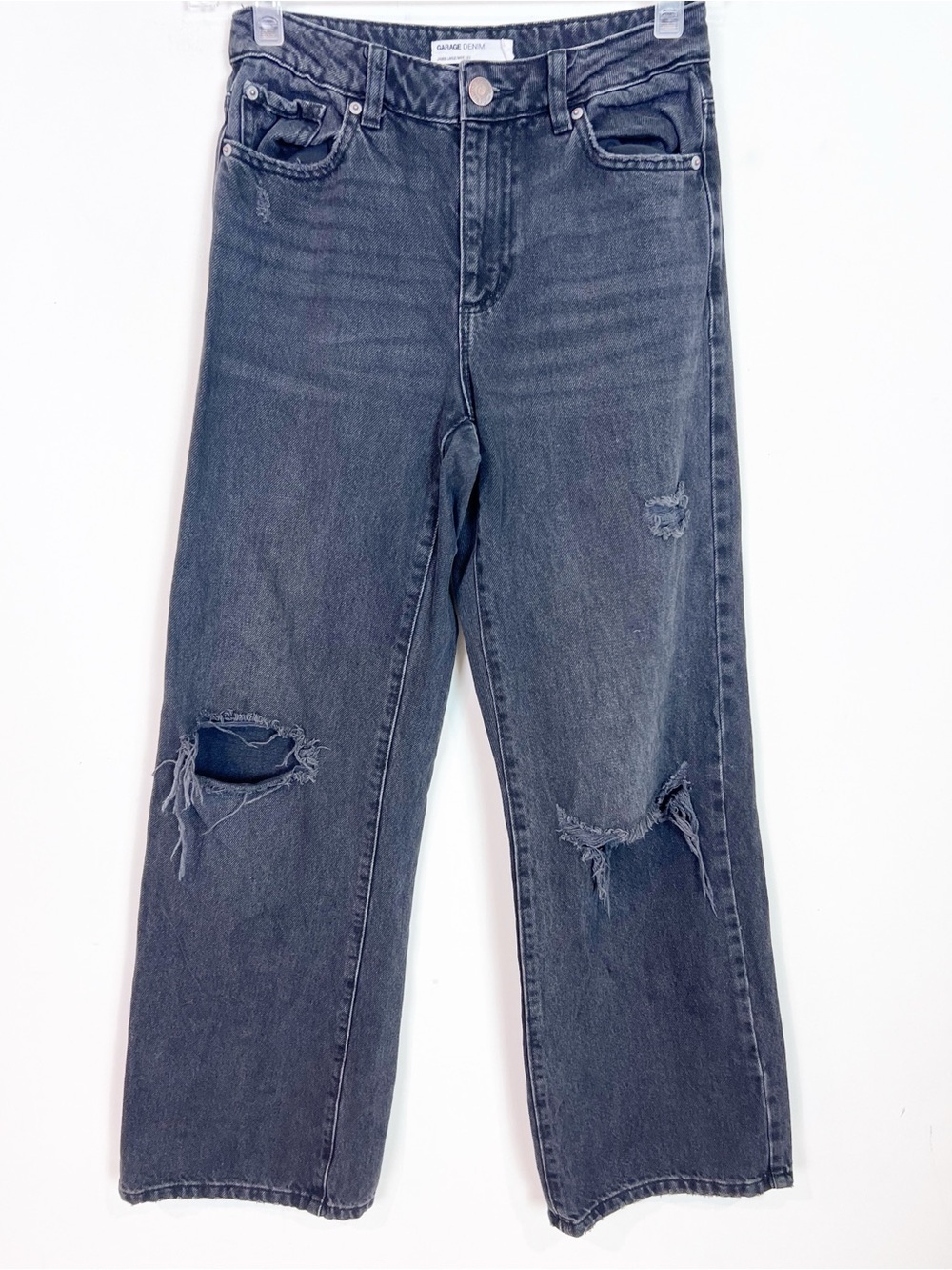GARAGE DENIM BLACK DISTRESSED JAMBE LARGE WIDE LEG JEANS WOMENS SZ 1 or 25